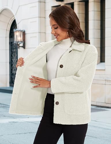 YUCOLEN Womens Fleece Jacket Button Down Sherpa Jacket Long Sleeve Teddy Coat Winter Warm Coat Fuzzy Outerwear with Pockets BeigeWhite XL