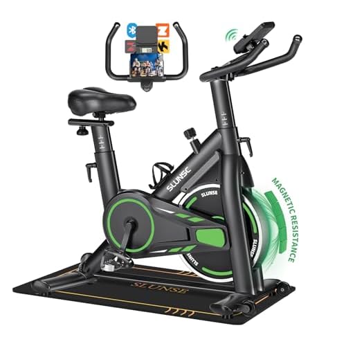 Velo d Appartement, SLUNSE Vélo d&rsquo;Appartement connecté APPs avec Écran, Vélo d&rsquo; Stationnaire pour la Maison avec Résistance Magnétique Réglable, Siège Moelleux et Réglage en Hauteur, Roulement 180KG