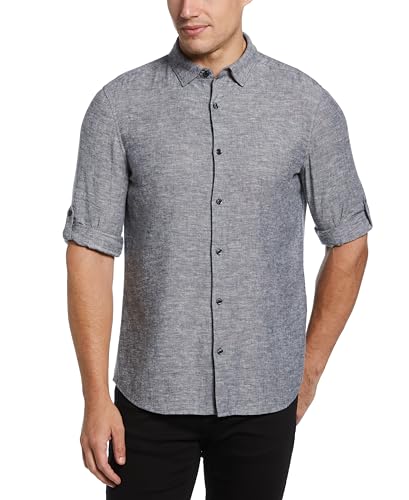 Perry Ellis - Camisa de Manga enrollada de Mezcla de Lino para Hombre, Marino, Large