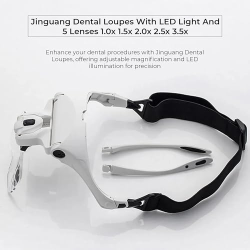 Image of Dental Loupes with LED Light & 5 Lenses (1.0x, 1.5x, 2.0x, 2.5x, 3.5x) | Adjustable Magnification for Precise Dental Procedures | Lightweight, Comfortable, and Durable Design