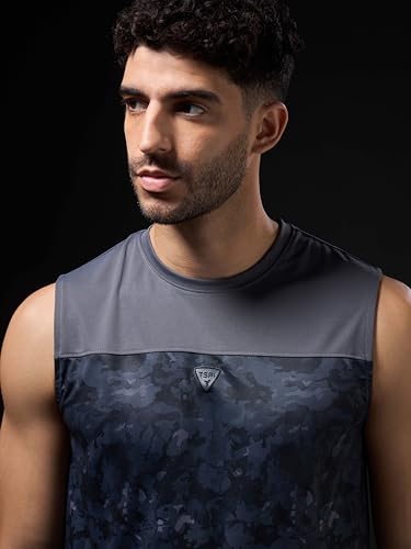 Image of TECHNOSPORT Men Polyester Slim Fit Crew Neck Printed Sleeveless Vest with Anti-Microbial, Odour Free for Gym, Workout and Sports