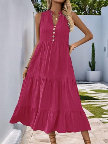 Image of HELYO Women's Casual Summer Dress 2026 Sleeveless V Neck Button Beach Sundress Tiered Ruffle Flows Skirt Midi Dresses