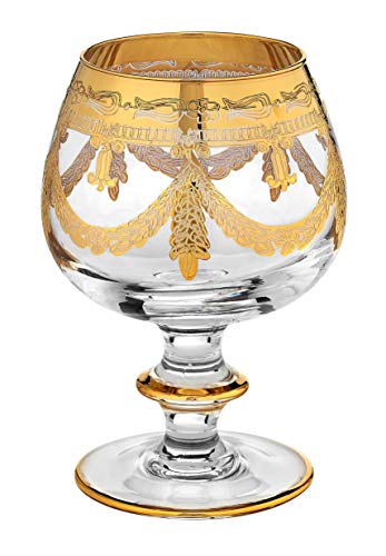 Interglass Italy Luxury Crystal Brandy Snifters, Vintage Design 24Kt Gold Hand Decorated Cognac Goblets, Set Of 2 #TOP1