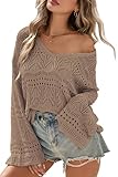 Cakulo Womens Summer Fall Crochet Bell Sleeve Tops Off The Shoulder Knit Sweater Top Fashion Beach Cover Up Khaki M