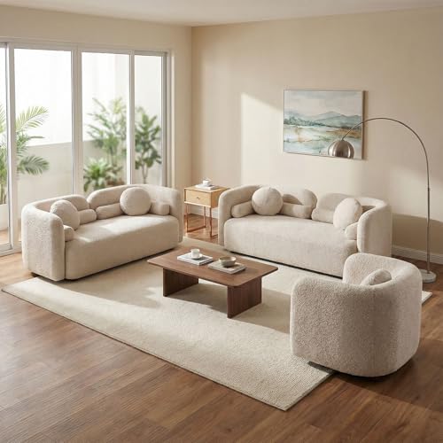 Image of 69.29 inch Curved Sofa Set, 2 Loveseats and Accent Chair, Modern Minimalist Boucle Couch Set, Deep Seat Solid Wood Frame, No Assembly Required, Sofa and Chair Set for Living Room Bedroom Office, Beige