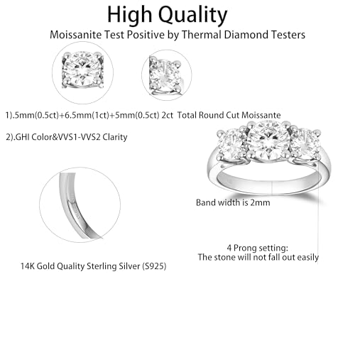 DovEggs 3-Stone Moissanite Engagement Rings for Women 2ct Total 5mm-6.5mm-5mm FGH Color Cut Moissanite Lab Created Diamond Anniversary Wedding Ring 14k Gold QUALITY Sterling Silver2