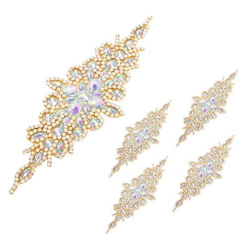 ShiDianYi Rhinestone Belt for Dress, Ab Gold Wedding Sash Belt Pearl Belts Rhinestone Applique Trim Bridal Belts Sparkle Waist Wedding Dress Decorations (5 Packs, Ab Golden)