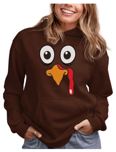 Tstars Funny Turkey Face Thanksgiving Hoodie - Pullover Sweatshirt for Women & Teen Girls Holiday Outfit Small Brown