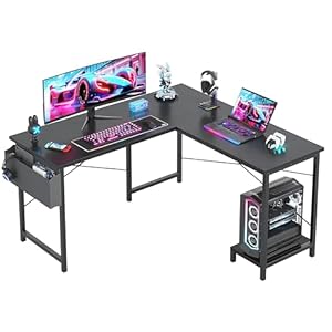 VERMESS 50″ L Shaped Desk with Host Stand, Two Person Computer Desk with Storage Bag, Reversible Corner Desks, Gaming Desk with Movable CPU Stand for Home Office, Writing Workstation, Black