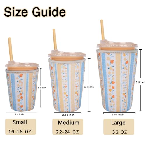 Image of Reusable Insulated Sleeve for Iced Coffee Cup, 3-Pack Coffee Neoprene Drink Sleeve for Cold & Hot Drinks, Beverage Holder for Iced Coffee (Meadow Panels)