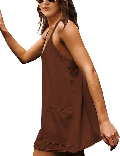 Image of Womens Athletic Sundress with Built-in Shorts Golf Tennis Romper | Sleeveless Mini Spaghetti Strap dress Functional side pockets tummy-friendly fit casual beach vacation