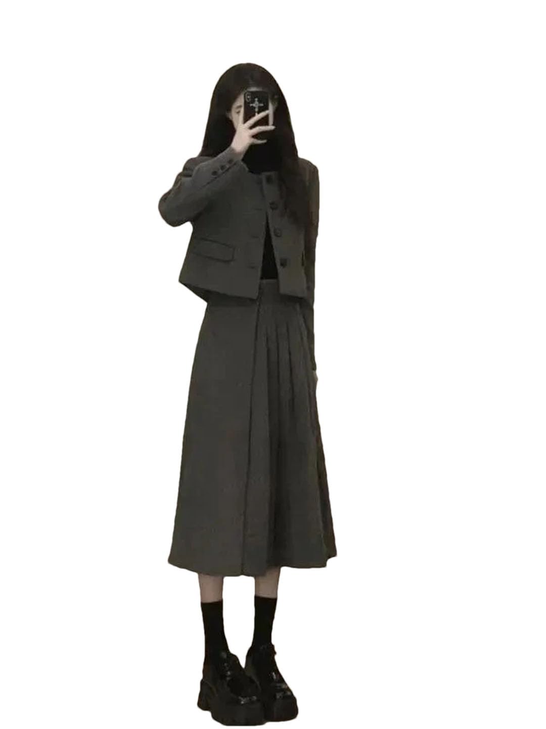 Womens Round Neck Single-Breasted Long-Sleeved Short Blazer and High-Waisted Skirt Set