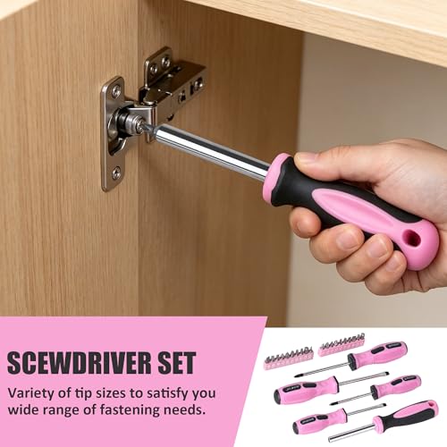 Image of FASTPRO 215-Piece Pink Tool Set, Home Repairing Tool Set with 12-Inch Wide Mouth Open Storage Bag, Household Hand Tool Kit, Pink
