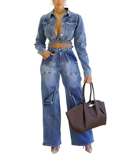 Voghtic Women's Denim Two Piece Outfit - Cropped Button-Down Jacket