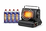 2-in-1 Gasheizung Camping, Tragbarer Gasheizer mit Kochfunktion, 1,3 kW Butan Keramik Heizstrahler, Stufenlose Temperaturregelung, Outdoor Indoor Heizgerät, Schwarz + 4 Gaskartuschen