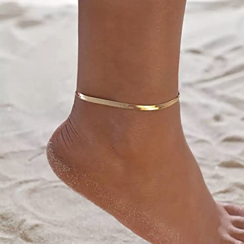 Image of NONAMOIS Ankle Bracelets for Women Dainty 18K Gold Plated Anklet Waterproof Round Beaded Paperclip Herringbone Pearl Chain Anklets Waterproof Beach Foot Jewelry