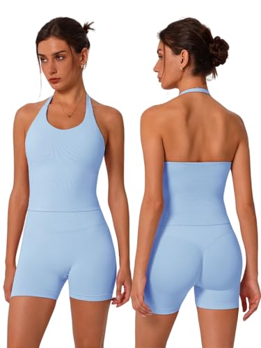 Image of ABOCIW Workout Sets for Women 2 Piece seamless Halter Sports Bra Scrunch Butt Impact Shorts Gym Yoga Outfits