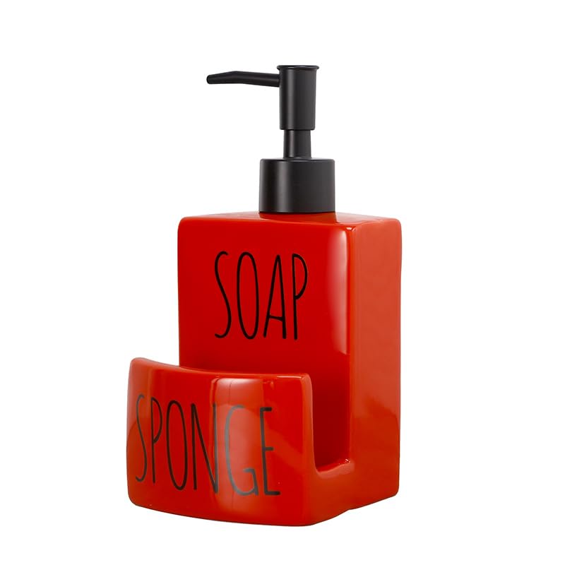Dispensador de jabón de cerámica con Soporte de Esponja para Fregadero de Cocina, baño, encimera, Almacenamiento y organización (Rojo)