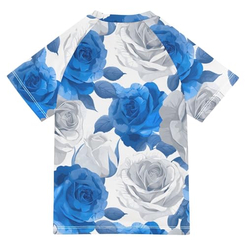 ALAZA Kids Rash Guard Girls Toddler Swim Shirts Short Sleeve Blue White Roses UPF 50+ 3T2