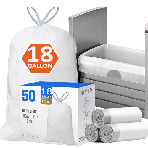 18 Gallon Drawstring Compactor Kitchen Trash Bags 50 Count 1.2 Mil Heavy Duty Garbage Bags Fit for