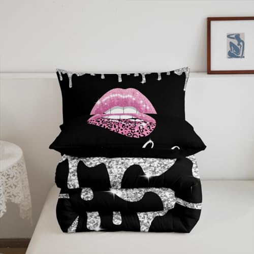 Image of Feelyou Pink Black Sexy Lips Comforter Set Twin, Get Naked Bedding Set Diamond Get Naked Comforter Kids Toddler Glitter Leopard Print Sexy Lips Duvet Set 2Pcs