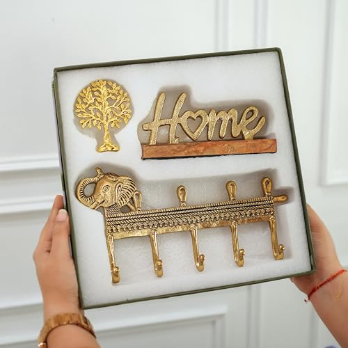 Image of BEHOMA Home Blessings Gift Set of 3 | Elephant Key Holder, Gold Home Word Sign & Brass Kalpavriksha Tree | Entryway Key Stand, Living Room Table Decor | Vastu Gift Set for Home
