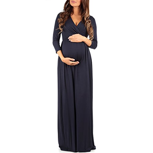 Mother Bee Maternity V-Neck 3/4 Sleeve Ruched Waist Dress Navy