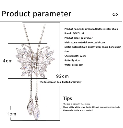Women Cubic Zirconia flower Butterfly Long Adjustable Chain Pendant Sweater Necklace