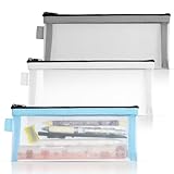 3 Pieces Pencil Case Set,Clear Exam Pencil Pouch,Mesh Zipper Pen Pouch,Nylon Pencil Storage Pouch,Makeup Bag for Women,Portable Office Stationery Pouch for Travel,Office Organization(Grey,Blue,White)