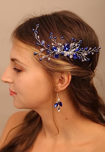 Chargances Bridal Sapphire Crystal Blue Dangle Earring and Hair Comb Set Silver Wedding Hair Accessory Hair Comb Piece Gift for Her Party Headpiece for Bride Bridesmaid Girls - Image 2