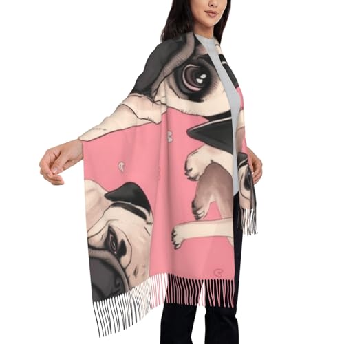 Écharpe imprimé chien carlin noir - Châle tendance longue écharpe douce homme femme