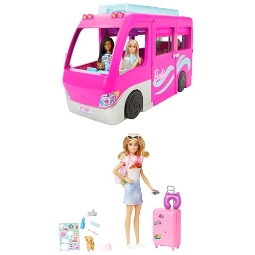 Barbie Bundle, DREAM CAMPER Vehicle Playset (HCD46) Doll e accessori (HJY18), 2 giocattoli per bambini + 3 anni