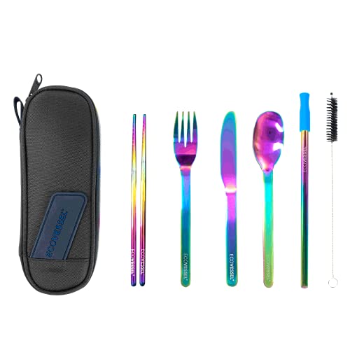 EcoVessel WANDERWARE Stainless Steel Utensils Set, Reusable Cutlery Set with Carry Case Camping Accessories, Travel Utensils With Case – 6 Pcs (Rainbow)