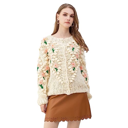 CHICWISH Women's Purple/Cream Stitch Floral Diamond Pom-Pom Hand Knit Cardigan3