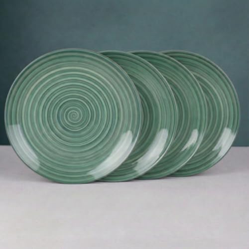 Image of Freakway Hand-Painted 'sea Swirls' Ceramic Quarter Plates Side Plates - 7.3 Inch Set of 4 Pieces Serving Platter Plates for Snacks & Dinner | Microwave & Dishwasher Safe | Green