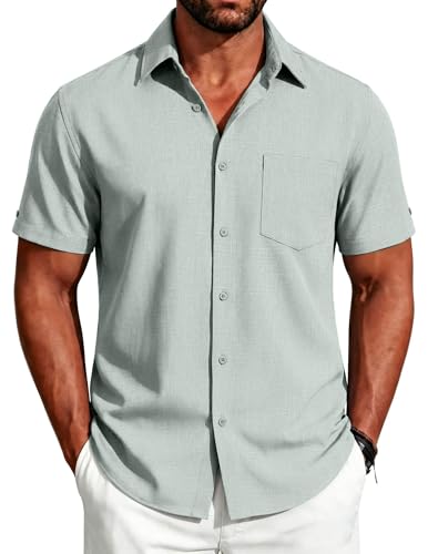Image of COOFANDY Men's Button Down Shirts Short Sleeve Casual Shirts Summer Beach Linen Shirts with Pocket