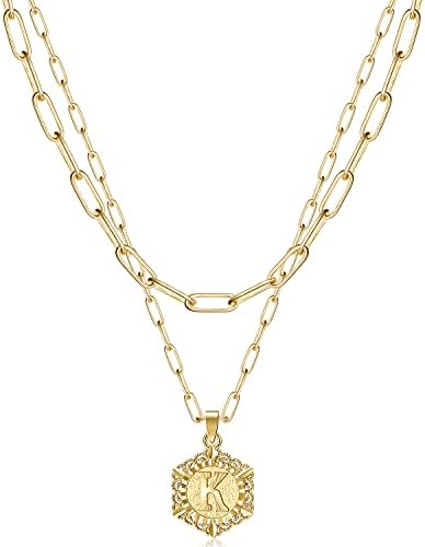 KissYan Initial Necklaces for Women, 14K Gold Plated Hexagon Letter Pendant Silver Chain Dainty Layered White Gold Paperclip Link Adjustable Capital A-Z Choker Necklace Trendy Jewelry Gifts