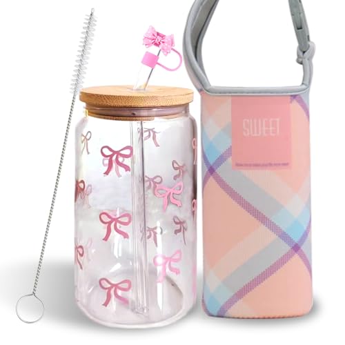 Leseogye Pink Bow Glass Cup with Wood Lid and Glass Straw, 16OZ Coffee Cup Set, Straw Cover, Brush, Ideal for Cocktail, Coke, Soda