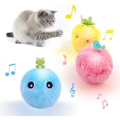 ZALBYUY Cat Toy Balls with Sound, Chirping Cat Toys with Catnip, 3 Pcs Fluffy Plush Toy Balls, Interactive Kitten Toys for Indoor Cats (Bird+Frog+Crickets, Plush) Cover