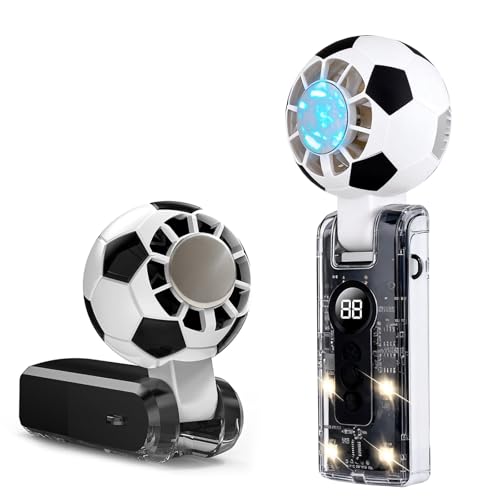 Umkeciv Portable Turbo Fan with Ice Cooling, Soccer-Shaped Mini Personal Fan, 5 Speeds, Up to 8Hrs, 180° Adjustable, 4-Mode LED, Rechargeable Handheld Pocket Fan for Outdoor, Travel, Game Day, Black