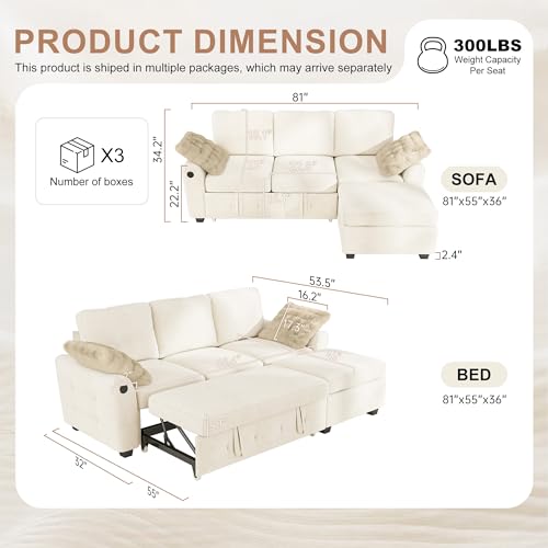 Image of Hanherry 81 inch Sectional Couch with Pull Out Sofa Bed,Chenille Sleeper Sofa with Storage Ottoman & USB Charging,Comfy L Shaped Modular Couches for Living Room,Apartment