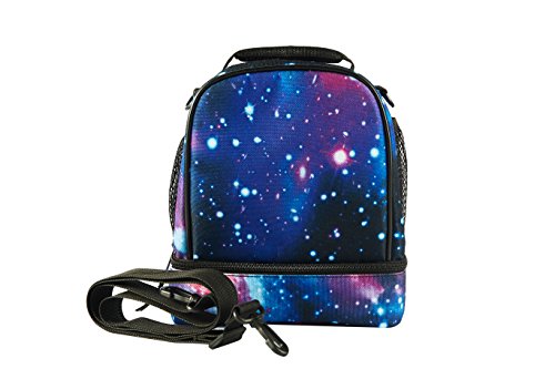 glowintime Kids Galaxy Lunch Bag Insulated Dual Compartment with Bottle Holder 2 Compartments with Shoulder Strap for Boys and Girls