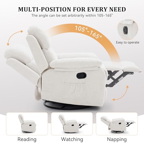 Image of Korser Recliner Chair, 360 Swivel Rocker Chair for Adults, Small Rocking Recliner Chair for Small Spaces, Upholstered Chenille Fabric Glider Recliner Nursery Chair with Side Pockets for Living Room