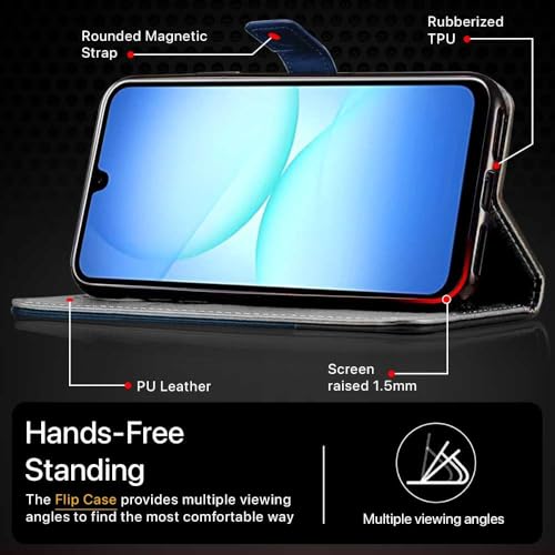Image of FLIPPED Vegan Leather Flip Case Back Cover for Samsung Galaxy M17 5G | A17 5G | F17 5G (Flexible, Shock Proof | Hand Stitched Leather Finish | Card Pockets Wallet & Stand | Blue with Black)