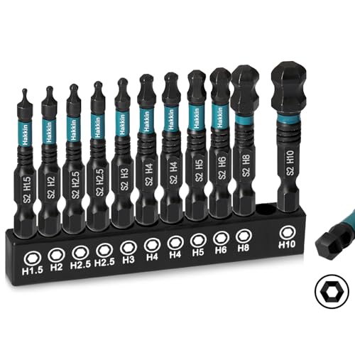 Hakkin Lot de 11 embouts hexagonaux à tête sphérique de 50 mm - 1/4" - Pour visseuse sans fil H1,5/H2/H2,5/H3/H4/H5/H6/H8/H10
