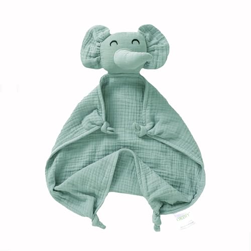 Image of Okdiy Organic Elephant Lovey for Babies - Muslin Security Blanket, Soft Snuggle Animal for Newborn - Gift for Boys and Girls (Green)