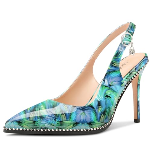 Image of NobleOnly Slingback Beaded Pumps for Women High Stiletto Heel Pointed Toe Slip-on Dress Sandals Adjustable Buckle Rhinestone Patent Leather 3.9 Inches Heels