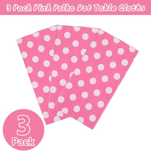 Image of Kesfey 3 Packs Minnie Mouse Tablecloth 54 x 108 Inch Pink Polka Dot Table Cloths Disposable Plastic Pink Waterproof Picnic Table Covers Pink and White Dots Minnie Tablecover for Birthday Party