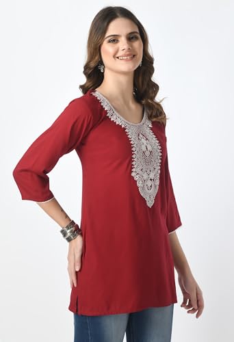 Image of LIBOZA Short Kurti for Women - Lakhnowi Chikankari Embroidered Ladies Kurta, Stylish Girls Top, Ethnic Half Kurtas, Tunic Design Woman Kurtis