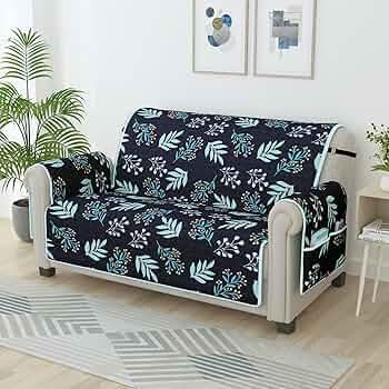 CLiDE Polyester Quilted Printed Waterproof Sofa Cover Mat for 3 Seater Sofa | Anti-Slip Couch Protector with Armrest Pockets | Washable Furniture Cover for Living Room, Navy Sprig-image-1